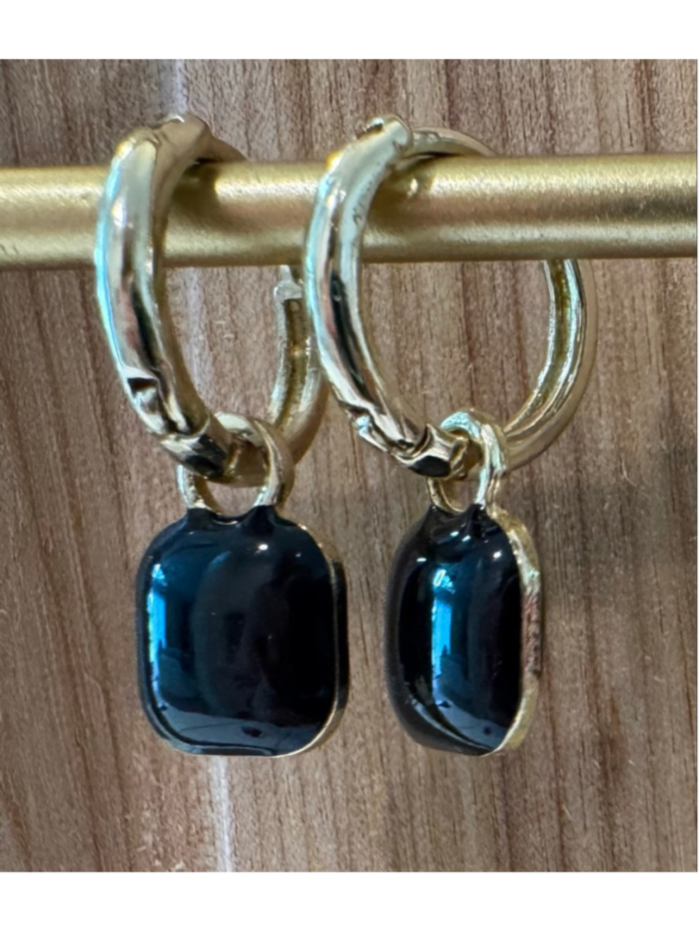 Black Drop Hoop Earrings Gold Tone Minimalist